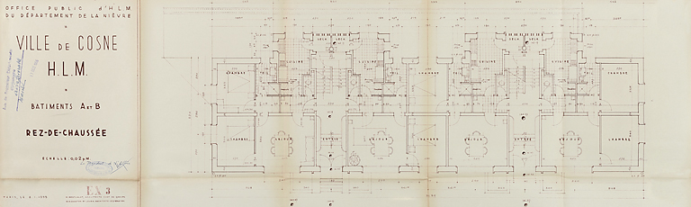 Ensemble de logements Cité Binot, bâtiments A et B, plan du rez-de-chaussée, Berthelot, Charton, Louria, janvier 1955. (Archives municipales Cosne-Cours-sur-Loire, 200 W 5 - PC 238) © Région Bourgogne-Franche-Comté, Inventaire du patrimoine