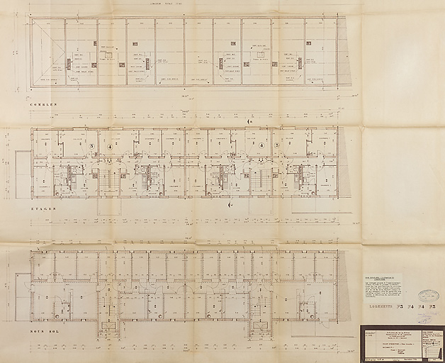 Bâtiment A à K : deuxième tranche, bâtiment E, plan du sous-sol, d'étage courant et des combles ; L. Robert, G. Denise, septembre 1962. (Archives municipales Cosne-Cours-sur-Loire, 200 W 12 - PC 592) © Région Bourgogne-Franche-Comté, Inventaire du patrimoine