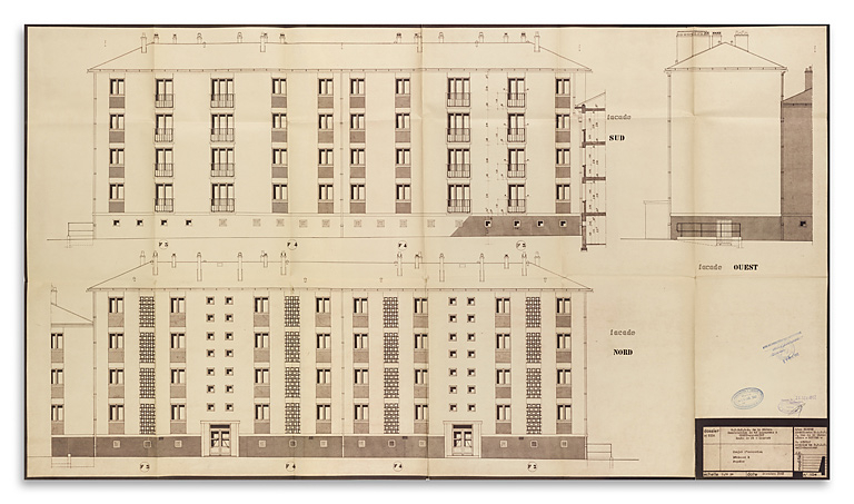 Bâtiment A à K : première tranche de 48 logements, bâtiment B, élévations des façades sud, nord et ouest ; L. Robert, G. Denise, décembre 1961. (Archives municipales Cosne-Cours-sur-Loire, 200 W 11 - PC 542) © Région Bourgogne-Franche-Comté, Inventaire du patrimoine