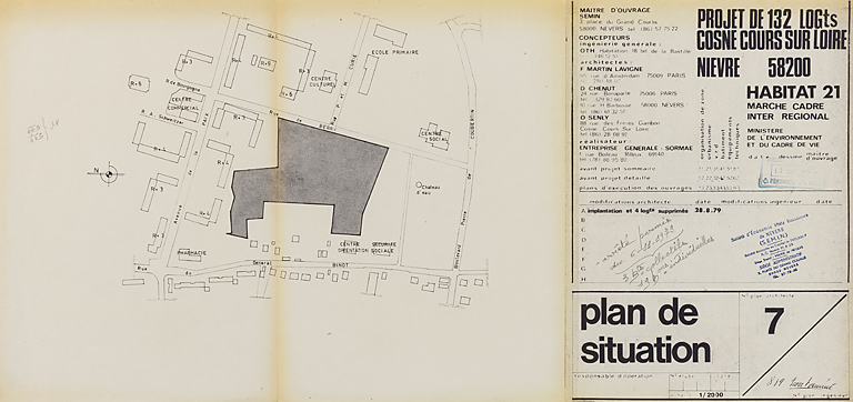 Opération de 132 logements : plan de situation ; F. Martin Lavigne, D. Chenut, O. Senly, août 1979. (Archives municipales Cosne-Cours-sur-Loire, 200 W 115 - PC 684) © Région Bourgogne-Franche-Comté, Inventaire du patrimoine
