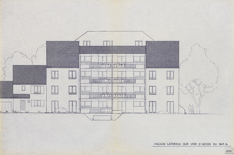 Opération de 132 logements : façade latérale sur voie d'accès du bâtiment B ; F. Martin Lavigne, D. Chenut, O. Senly, septembre 1979. (Archives municipales Cosne-Cours-sur-Loire, 200 W 115 - PC 684) © Région Bourgogne-Franche-Comté, Inventaire du patrimoine