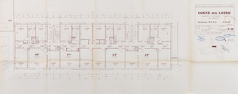 Opération de 226 logements : bâtiment B3, plan du rez-de-chaussée ; J. Louria, F. Sonnet, avril 1969. (Archives municipales Cosne-Cours-sur-Loire, 200 W 117 - PC 1015) © Région Bourgogne-Franche-Comté, Inventaire du patrimoine