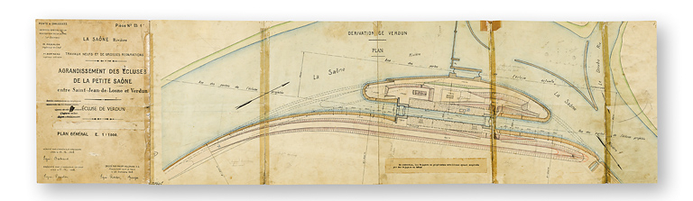 Agrandissement des écluses de la petite Saône entre Saint-Jean-de-Losne et Verdun. Ecluse de Verdun. Dessin daté du 25 octobre 1928. © Région Bourgogne-Franche-Comté, Inventaire du patrimoine