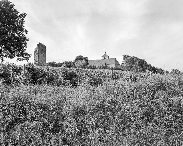 Vue de l'église et des ruines du château depuis le sud, en contrebas. © Région Bourgogne-Franche-Comté, Inventaire du patrimoine