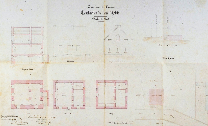 Commune de Lamarre. Construction de deux chalets. Chalet du nord : plans, coupe et élévations. © Région Bourgogne-Franche-Comté, Inventaire du patrimoine