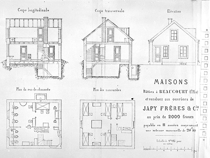 Maisons bâties à Beaucourt (Haut-Rhin) et vendues aux ouvriers de Japy Frères et Cie [...] [plans, coupes et élévation]. © Région Bourgogne-Franche-Comté, Inventaire du patrimoine