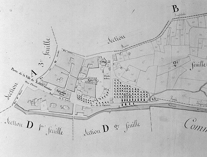 Plan d'une partie de l'agglomération en 1809 : extrait de l'Atlas cadastral de Lons, section C. © Région Bourgogne-Franche-Comté, Inventaire du patrimoine