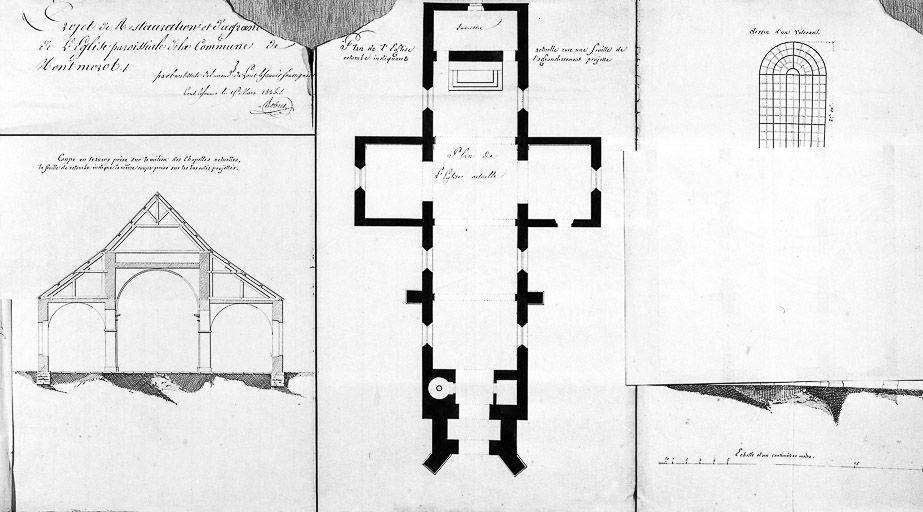 Projet de restauration et d'agrandissement de l'église paroissiale de la commune de Montmorot, vu sans la retombe du plan. © Région Bourgogne-Franche-Comté, Inventaire du patrimoine Projet de restauration et d'agrandissement de l'église paroissiale de la commune de Montmorot, vu sans la retombe du plan. © Région Bourgogne-Franche-Comté, Inventaire du patrimoine