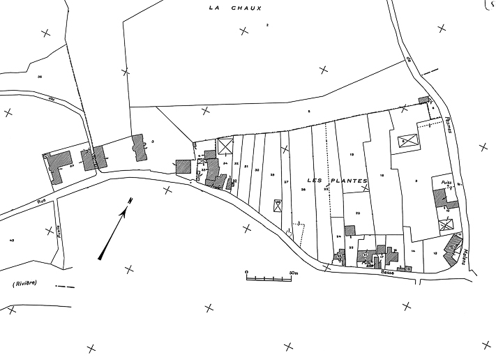 Fond de carte : extrait du cadastre de 1963, section AB. © Région Bourgogne-Franche-Comté, Inventaire du patrimoine