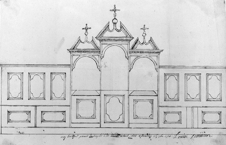 Dessin des lambris et d'un confessionnal, 1720. © Région Bourgogne-Franche-Comté, Inventaire du patrimoine