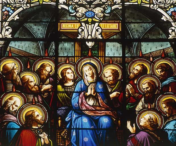 Baie 4 : la Pentecôte, détail des visages. © Région Bourgogne-Franche-Comté, Inventaire du patrimoine