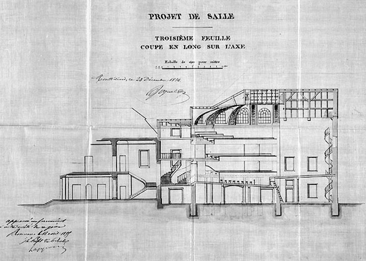 Projet de salle de spectacle (...] Coupe en long sur l'axe, 1854. © Région Bourgogne-Franche-Comté, Inventaire du patrimoine