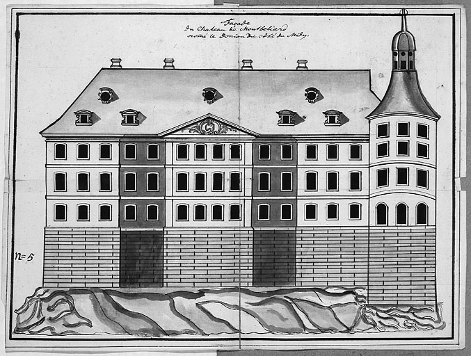 Projet de reconstruction de l'aile principale. Elévation de la façade sud, 1750. © Région Bourgogne-Franche-Comté, Inventaire du patrimoine