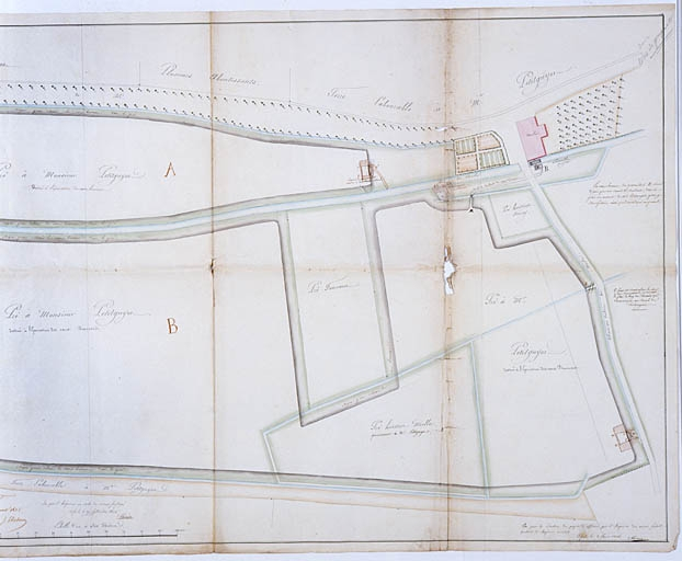 Plan du haut fourneau de Blé, du patouillet, parc à mines [...], appartenant à Mr Petitguyot [...] pour être joint à la demande de construire un second haut fourneau [détail du patouillet projeté]. © Région Bourgogne-Franche-Comté, Inventaire du patrimoine