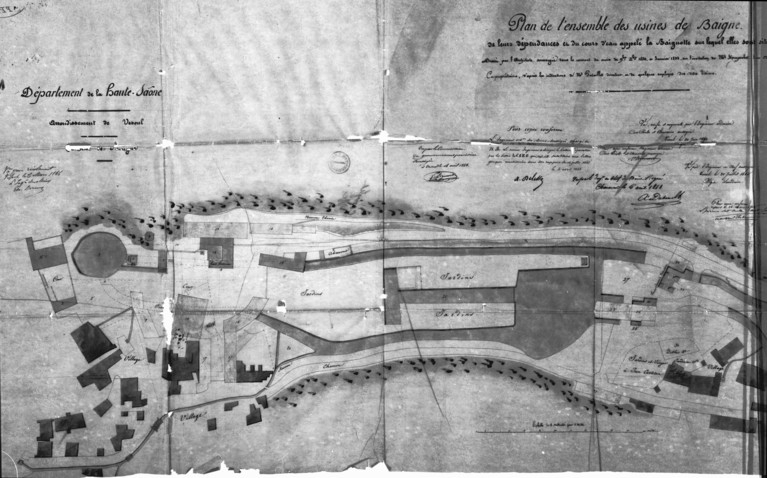 Plan de l'ensemble des usines de Baigne, de leurs dépendances et du cours d'eau appelé la Baignotte sur lequel elles sont situés [partie gauche]. © Région Bourgogne-Franche-Comté, Inventaire du patrimoine