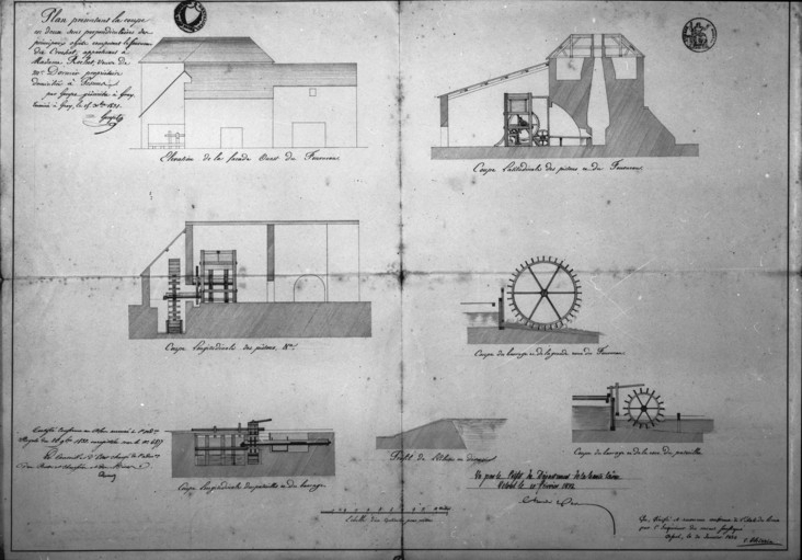Plan présentant la coupe en deux sens perpendiculaires des principaux objets composant le fourneau du Crochot [...]. © Région Bourgogne-Franche-Comté, Inventaire du patrimoine