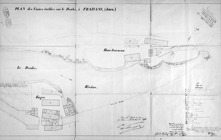 Plan des usines établies sur le Doubs, à Fraisans (Jura). © Région Bourgogne-Franche-Comté, Inventaire du patrimoine Plan des usines établies sur le Doubs, à Fraisans (Jura). © Région Bourgogne-Franche-Comté, Inventaire du patrimoine