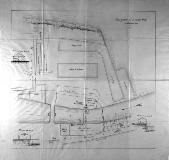 Plan général de la Vieille Forge de Fraisans (Jura). © Région Bourgogne-Franche-Comté, Inventaire du patrimoine Plan général de la Vieille Forge de Fraisans (Jura). © Région Bourgogne-Franche-Comté, Inventaire du patrimoine