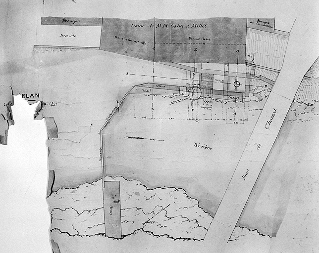 Plan, coupes et élévation de l'usine de MM Millet et Lahu [...], détail du plan. © Région Bourgogne-Franche-Comté, Inventaire du patrimoine