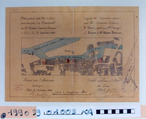 Plan partiel de la ville de Dole pour être joint à la Demande de M. Rosier, Tanneur-Corroyeur, à Dole, le 27 septembre 1887. © Région Bourgogne-Franche-Comté, Inventaire du patrimoine Plan partiel de la ville de Dole pour être joint à la Demande de M. Rosier, Tanneur-Corroyeur, à Dole, le 27 septembre 1887. © Région Bourgogne-Franche-Comté, Inventaire du patrimoine