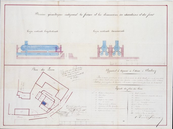 Plan et dessins géométriques annexés à la demande de M.M. Huot frères du 15 juin 1855 à l'effet d'obtenir l'autorisation de poser 2 chaudières et 2 machines à vapeur [...]. © Région Bourgogne-Franche-Comté, Inventaire du patrimoine