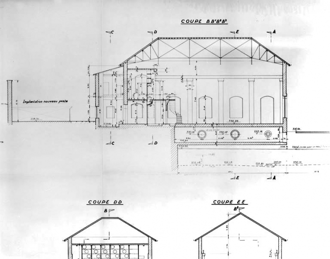 Usine et abords.Coupes. Etat au 10-03-62 [coupe longitudinale]. © Région Bourgogne-Franche-Comté, Inventaire du patrimoine