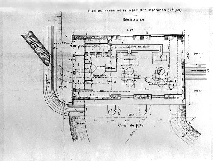 Usine du lac de Chalain. Bâtiment. Plan [détail] : Plan au niveau de la salle des machines. © Région Bourgogne-Franche-Comté, Inventaire du patrimoine
