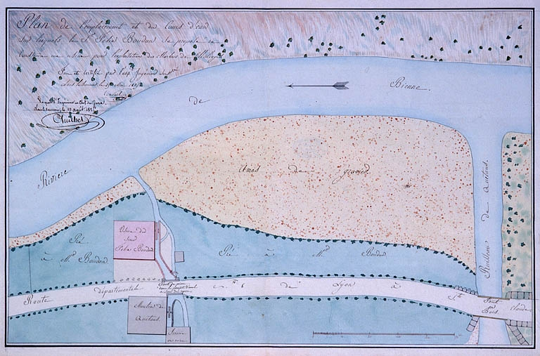 Plan de l'emplacement et du cours d'eau sur lesquels le Sr Félix Boudon se propose de construire une usine pour l'exploitation des Marbres de Molinges. © Région Bourgogne-Franche-Comté, Inventaire du patrimoine