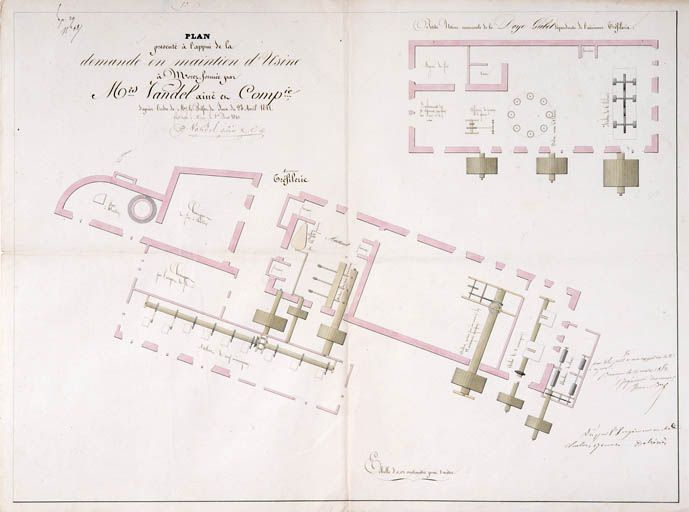 Plan présenté à l'appui de la demande en maintien d'Usine à Morez, formée par Mrs Vandel aîné et Cie [...] Plan de distribution [de la " Tirerie " et de son annexe de la Doye Gabet], 1841. © Région Bourgogne-Franche-Comté, Inventaire du patrimoine