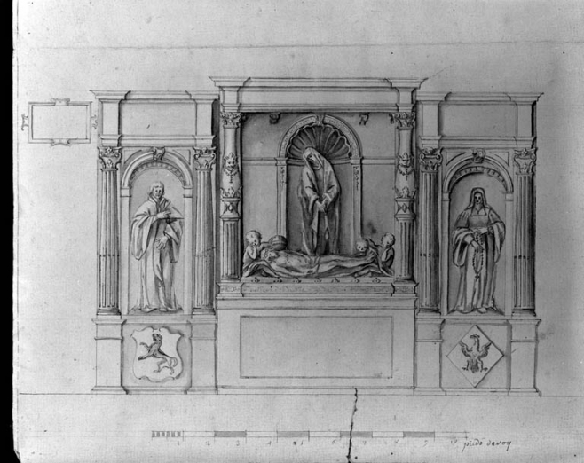 Intérieur, chapelle à gauche du choeur ( ancienne chapelle de Marmier) : les sculptures du mur est. © Région Bourgogne-Franche-Comté, Inventaire du patrimoine