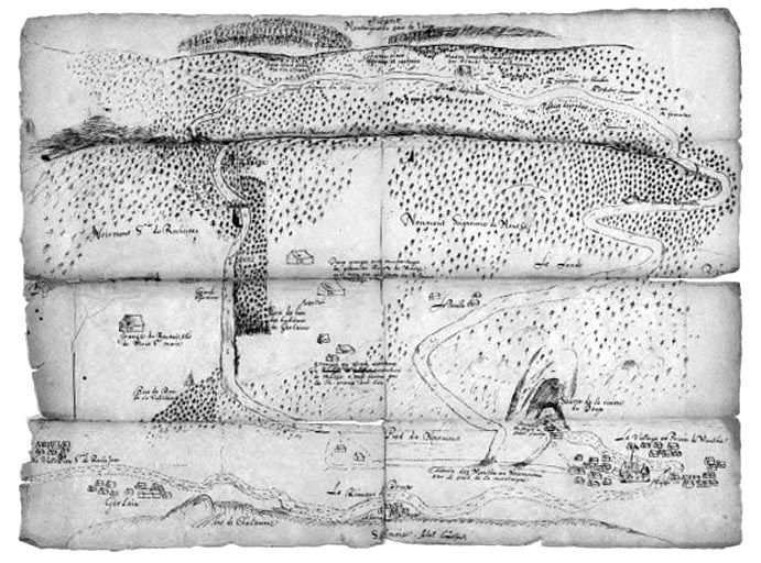 Dessin montrant le territoire de Rochejean et Mouthe avec forêts et essarts au 17e siècle. © Région Bourgogne-Franche-Comté, Inventaire du patrimoine ;  Archives départementales du Doubs