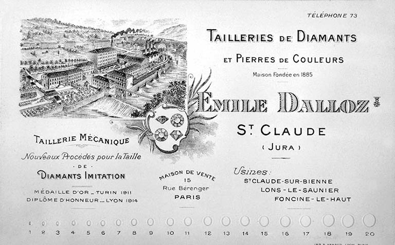 Calibre à brillants avec en-tête des Ets Emile Dalloz. © Région Bourgogne-Franche-Comté, Inventaire du patrimoine Calibre à brillants avec en-tête des Ets Emile Dalloz. © Région Bourgogne-Franche-Comté, Inventaire du patrimoine