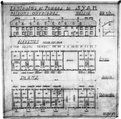 Laminoirs et Forges de Syam. Maisons ouvrières. Relevé. Elévation façade côté cour ; plans rez-de-chaussée et étage. © Région Bourgogne-Franche-Comté, Inventaire du patrimoine