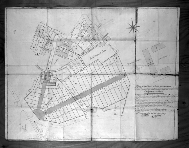Plan des couvents des carmes, des visitandines, des tiercelines, des carmélites avec projet de percement de la rue Victor Hugo et d'une rue reliant celle-ci aux casernes. © Région Bourgogne-Franche-Comté, Inventaire du patrimoine