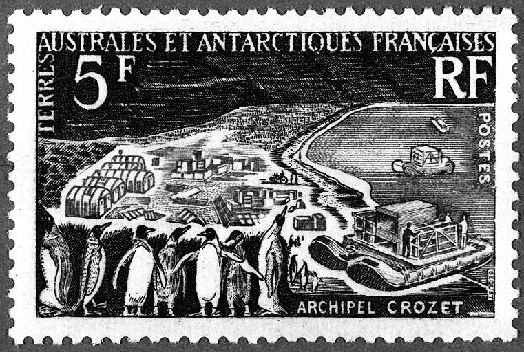 Timbre présentant les baraques de la base scientifique de l'archipel Crozet. © Région Bourgogne-Franche-Comté, Inventaire du patrimoine