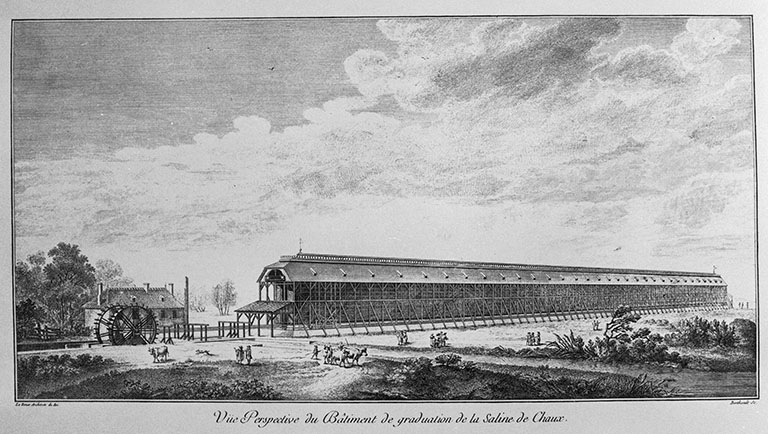 Vüe Perspective du Bâtiment de graduation de la Saline de Chaux, fin XVIIIe siècle. © Région Bourgogne-Franche-Comté, Inventaire du patrimoine Vüe Perspective du Bâtiment de graduation de la Saline de Chaux, fin XVIIIe siècle. © Région Bourgogne-Franche-Comté, Inventaire du patrimoine