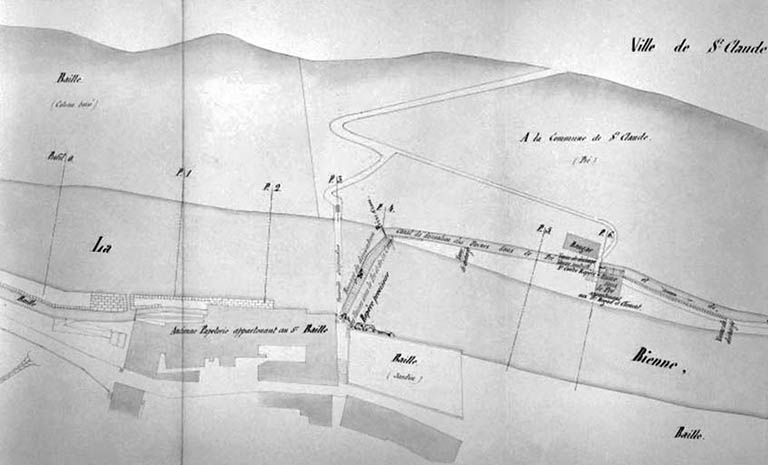 Rivière de Bienne [...] Réglementation des Usines Sous le Pré et de la Coupe. Plan parcellaire [détail]. © Région Bourgogne-Franche-Comté, Inventaire du patrimoine
