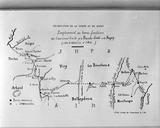 Emplacement des bornes frontalières sur l'ancienne limite de la Franche-Comté et du Bugey (entre la Valserine et l'Ain). © Région Bourgogne-Franche-Comté, Inventaire du patrimoine
