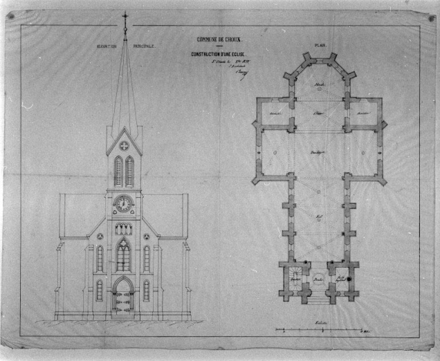 Commune de Choux. Construction d'une église [élévation principale et plan]. © Région Bourgogne-Franche-Comté, Inventaire du patrimoine