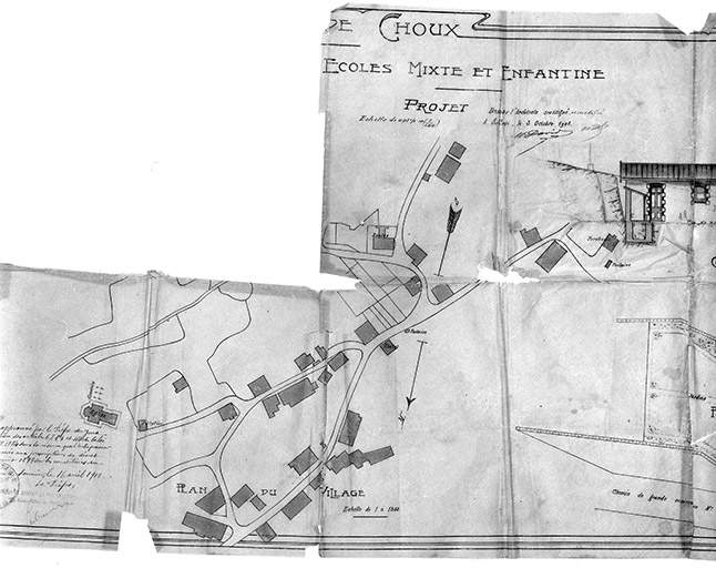 Commune de Choux. Ecoles mixte et enfantine. Projet [détail : plan du village]. © Région Bourgogne-Franche-Comté, Inventaire du patrimoine