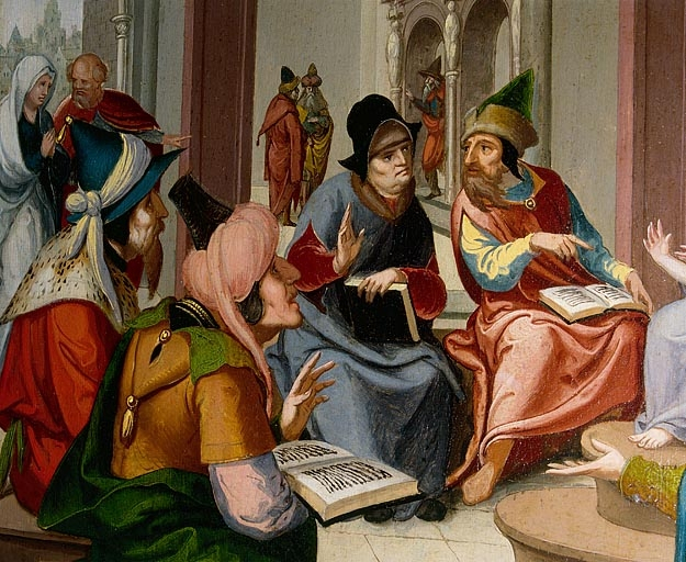 Face interne du volet droit : Jésus au milieu des docteurs, détail des personnages de l'arrière plan (après restauration). © Région Bourgogne-Franche-Comté, Inventaire du patrimoine