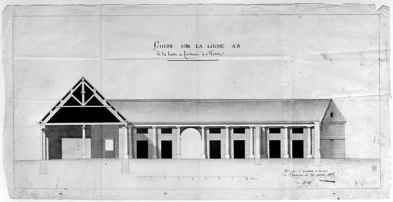 Coupe sur la ligne AB de la halle à construire à Morez, 1818. © Région Bourgogne-Franche-Comté, Inventaire du patrimoine Coupe sur la ligne AB de la halle à construire à Morez, 1818. © Région Bourgogne-Franche-Comté, Inventaire du patrimoine