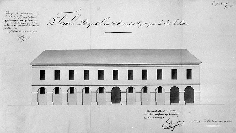 Façade principale d'une hâlle aux vins projettée pour la ville de Morez. 2de feuille, 1832. © Région Bourgogne-Franche-Comté, Inventaire du patrimoine Façade principale d'une hâlle aux vins projettée pour la ville de Morez. 2de feuille, 1832. © Région Bourgogne-Franche-Comté, Inventaire du patrimoine