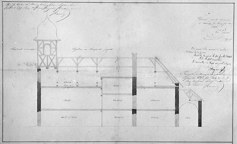 [Coupe de l'ancienne église montrant la charpente projetée], 1843. © Région Bourgogne-Franche-Comté, Inventaire du patrimoine