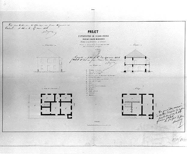 Projet d'appropriation de Maison d'Ecole [...] [plans, coupe et élévation]. © Région Bourgogne-Franche-Comté, Inventaire du patrimoine