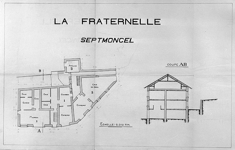 La Fraternelle, Septmoncel [plan du rez-de-chaussée, coupe]. © Région Bourgogne-Franche-Comté, Inventaire du patrimoine
