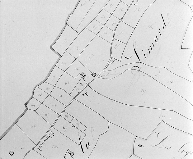 Plan-masse et de situation. Dessin, 1812. Extrait du plan cadastral, section B, feuille 1, échelle 1:5000. © Région Bourgogne-Franche-Comté, Inventaire du patrimoine