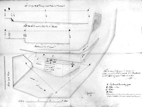 Plan du cours de la rivière de Cuisance à Arbois, auprès du Pont de Couturette et de l'emplacement où le sieur Bechet se propose d'établir ses moulins. © Région Bourgogne-Franche-Comté, Inventaire du patrimoine