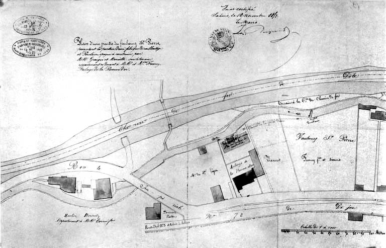 Plan d'une partie du faubourg Saint-Pierre présentant la position d'une fabrique de cailloutage et porcelaine opaque à construire par MMr Granger et Monniotte [...]. © Région Bourgogne-Franche-Comté, Inventaire du patrimoine