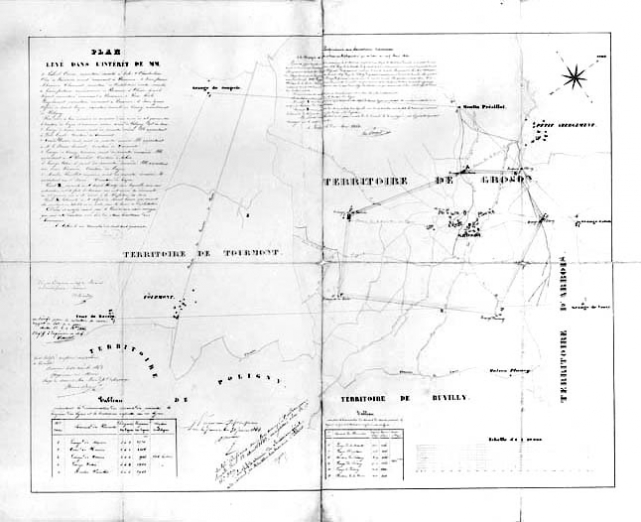 Plan levé dans l'intérêt de MM [...] pour servir à leur demande en concession d'une mine de sel gemme sur le territoire de Grozon et communes voisines. © Région Bourgogne-Franche-Comté, Inventaire du patrimoine